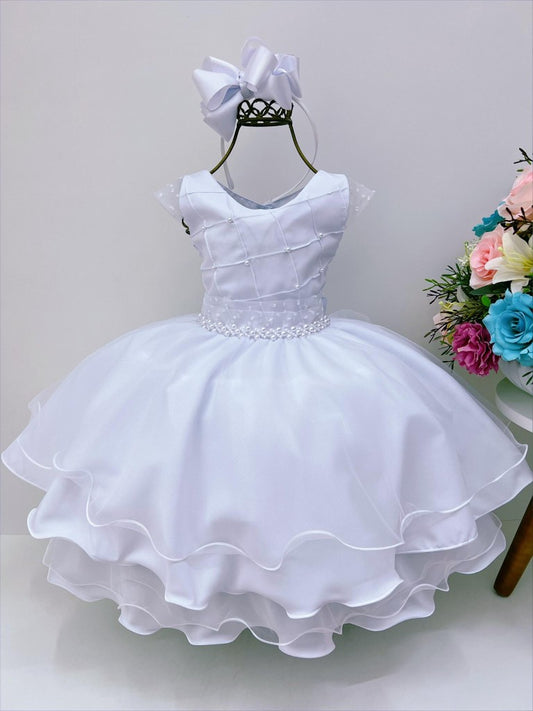 Vestido Infantil Branco em Tule com Nervura e Cinto de Pérolas Luxo para Daminhas