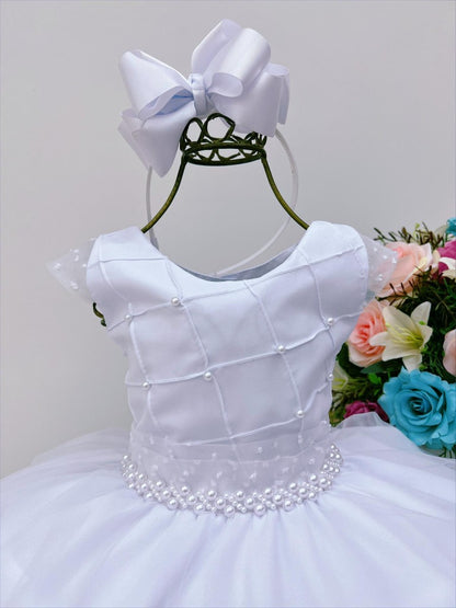 Vestido Infantil Branco em Tule com Nervura e Cinto de Pérolas Luxo para Daminhas