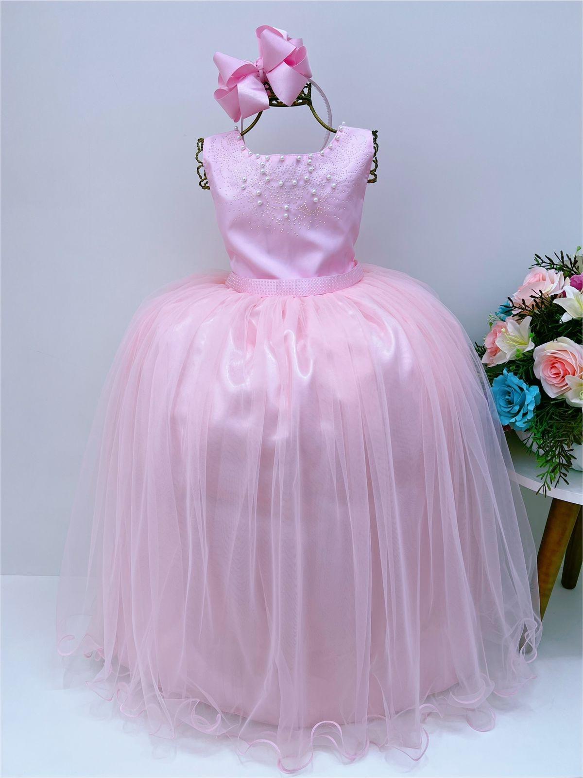 Vestido Infantil Damas de Honra Longo Rosa Pérolas Luxo