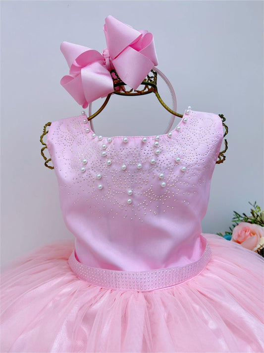 Vestido Infantil Damas de Honra Longo Rosa Pérolas Luxo