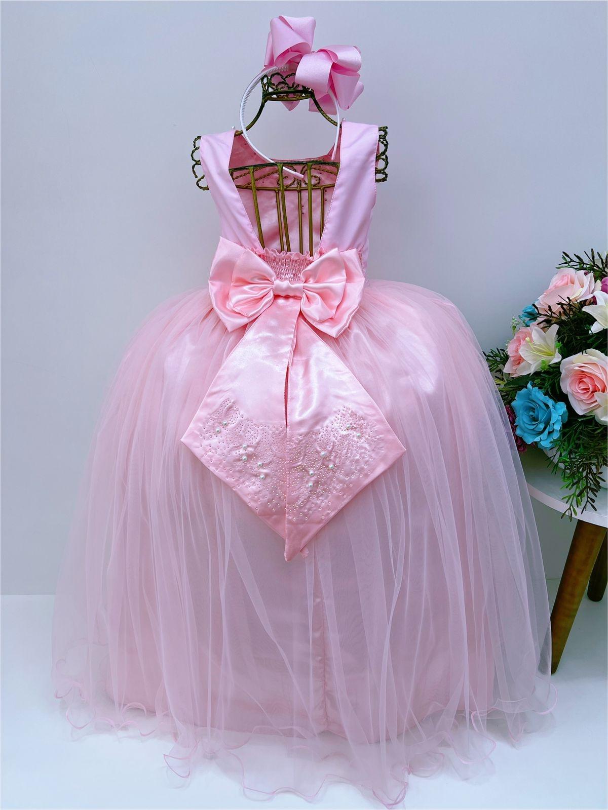 Vestido Infantil Damas de Honra Longo Rosa Pérolas Luxo