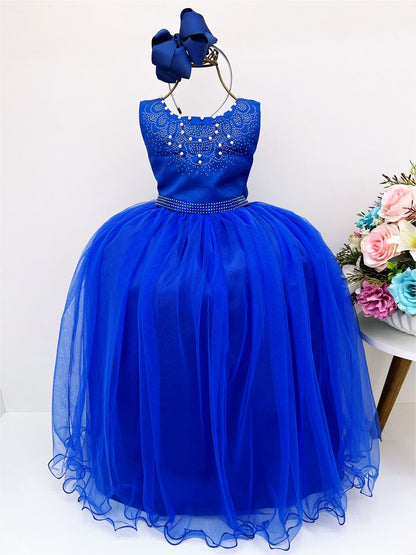 Vestido Infantil Damas de Honra Longo Azul Royal C/ Pérolas