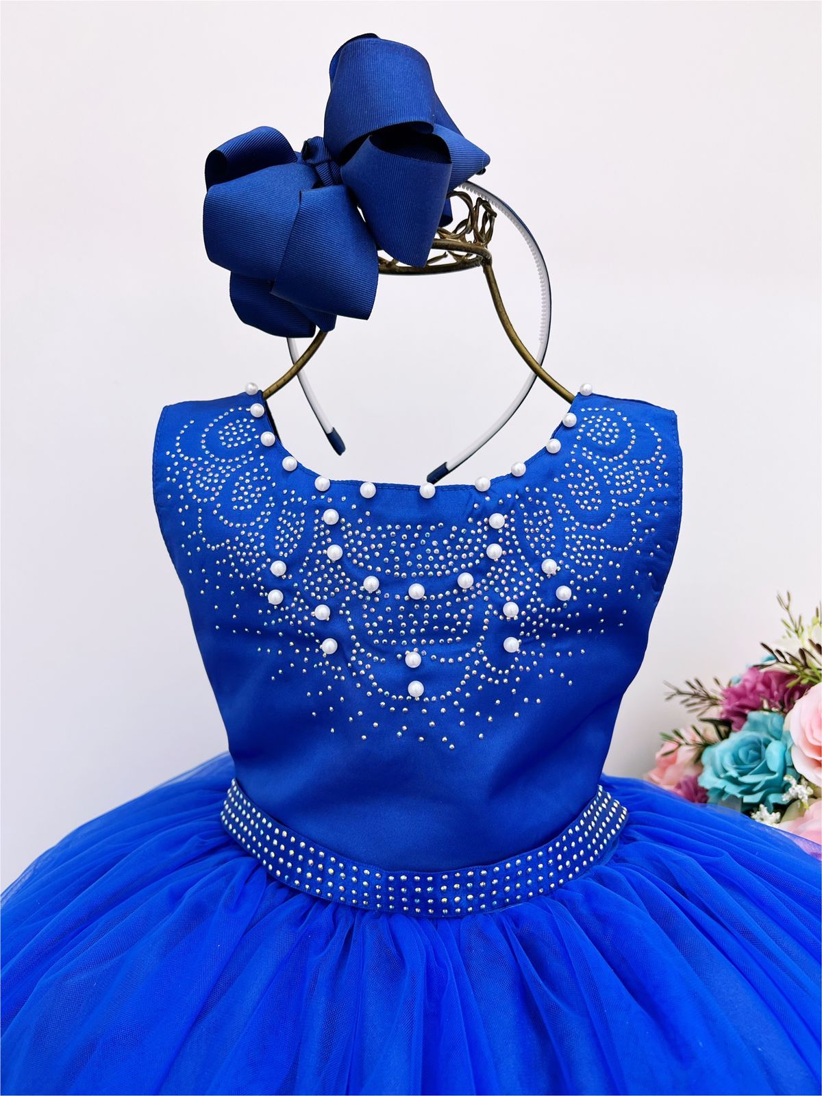 Vestido Infantil Damas de Honra Longo Azul Royal C/ Pérolas