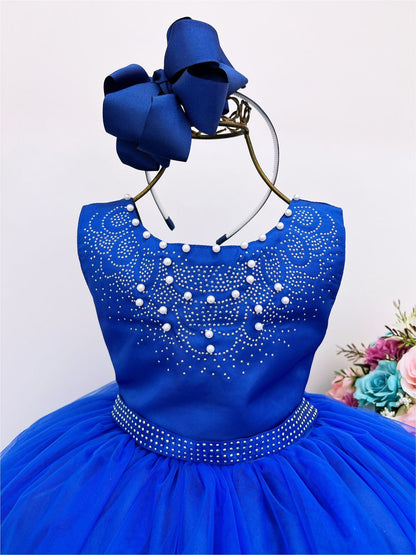 Vestido Infantil Damas de Honra Longo Azul Royal C/ Pérolas