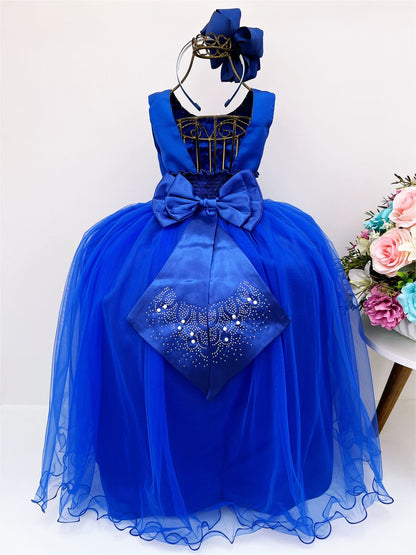 Vestido Infantil Damas de Honra Longo Azul Royal C/ Pérolas