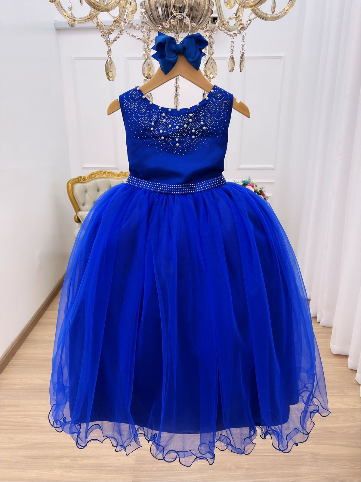 Vestido Infantil Damas de Honra Longo Azul Royal C/ Pérolas