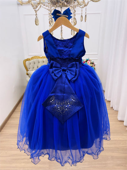 Vestido Infantil Damas de Honra Longo Azul Royal C/ Pérolas