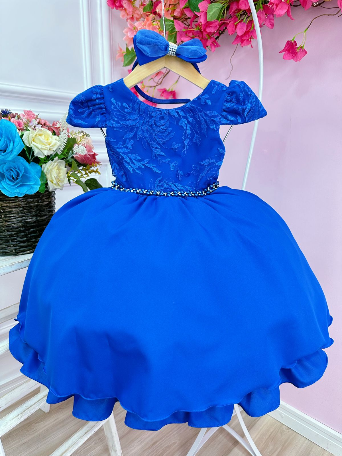 Vestido Infantil Azul Royal em Renda com Tiara e Cinto de Pérolas para Daminhas