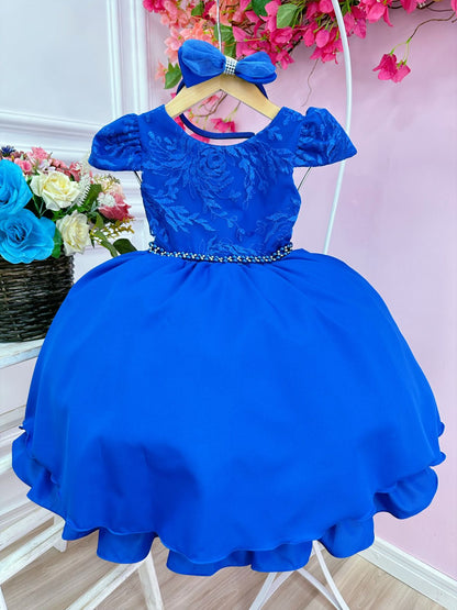 Vestido Infantil Azul Royal em Renda com Tiara e Cinto de Pérolas para Daminhas