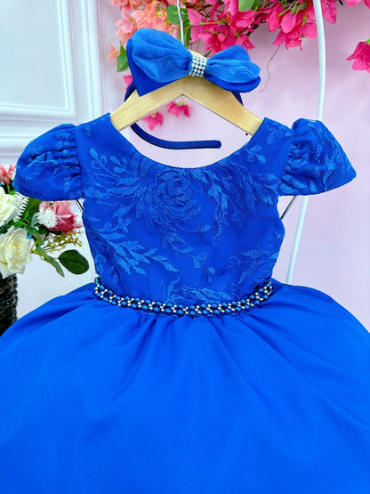 Vestido Infantil Azul Royal em Renda com Tiara e Cinto de Pérolas para Daminhas