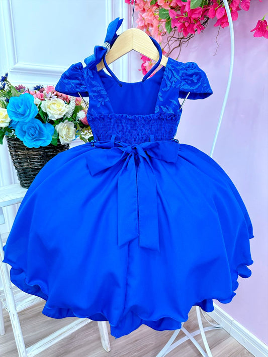 Vestido Infantil Azul Royal em Renda com Tiara e Cinto de Pérolas para Daminhas