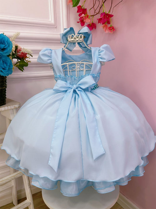 Vestido Infantil Azul Bebê em Cetim com Peito Nervuras e Cinto de Pérolas para Festa de Aniversário