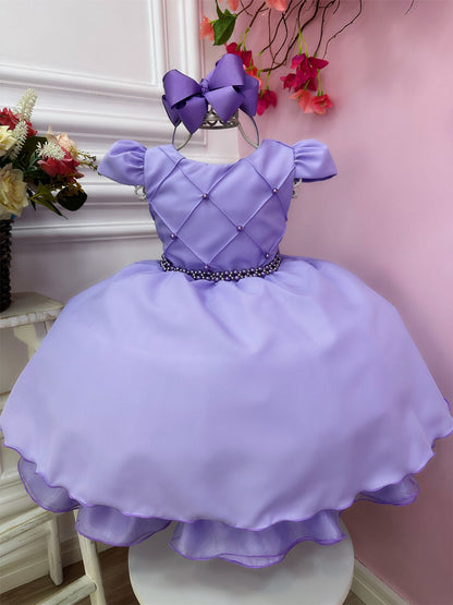 Vestido Infantil Lilás em Cetim com Cinto de Pérolas Saia Rodada para Casamento Luxo