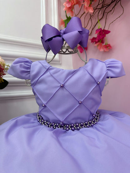 Vestido Infantil Lilás em Cetim com Cinto de Pérolas Saia Rodada para Casamento Luxo