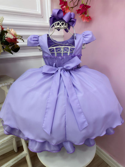 Vestido Infantil Lilás em Cetim com Cinto de Pérolas Saia Rodada para Casamento Luxo