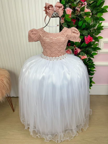 Vestido Infantil Rosa em Poliéster com Saia Branca e Renda Delicada para Festa de Aniversário