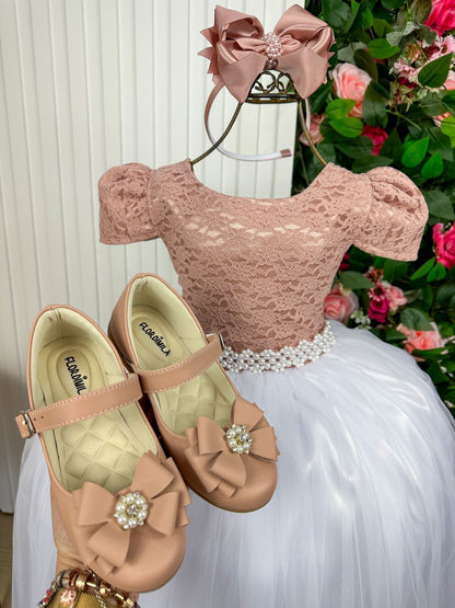 Vestido Infantil Rosa em Poliéster com Saia Branca e Renda Delicada para Festa de Aniversário