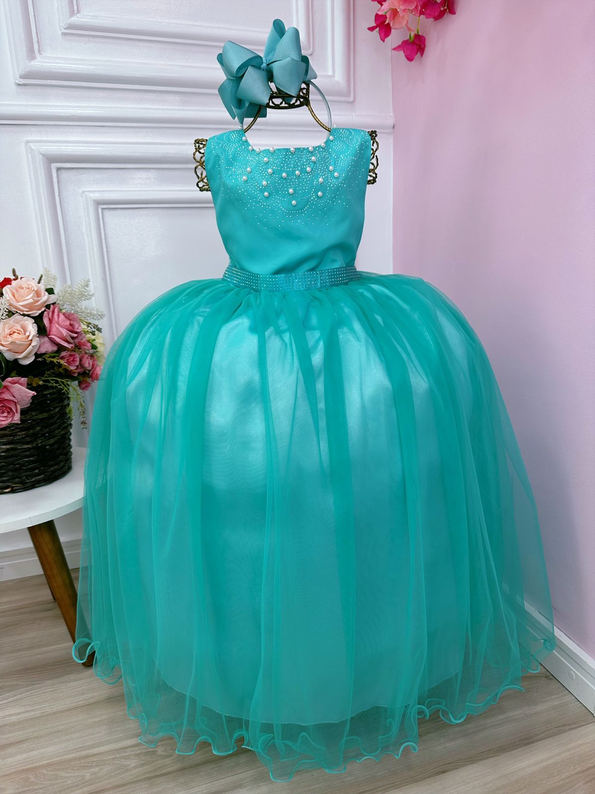 Vestido Infantil Damas de Honra Longo Verde Pérolas Luxo