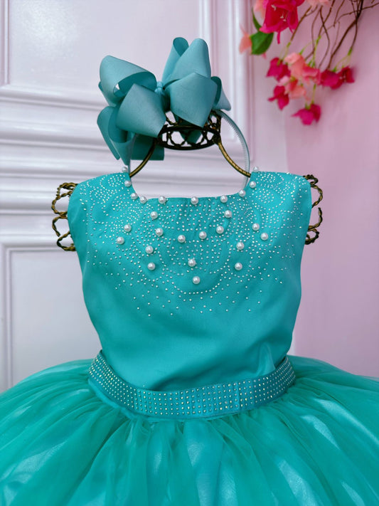 Vestido Infantil Damas de Honra Longo Verde Pérolas Luxo