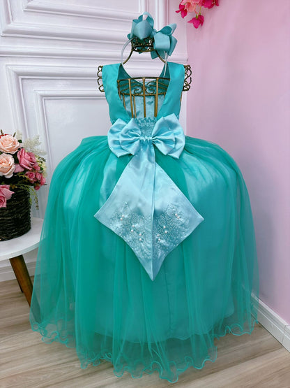 Vestido Infantil Damas de Honra Longo Verde Pérolas Luxo