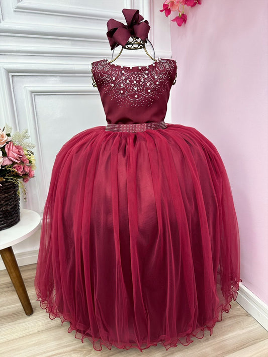Vestido Infantil Damas de Honra Longo Marsala Strass Pérolas
