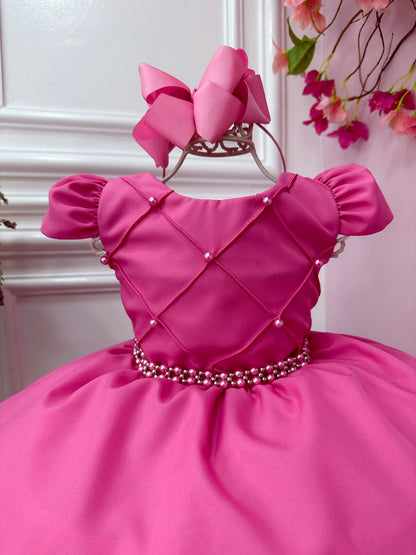 Vestido Infantil Rosa Chiclete em Cetim com Cinto de Pérolas para Damas de Casamento