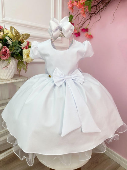 Vestido Infantil Branco em Cetim com Aplique de Laço para Daminhas