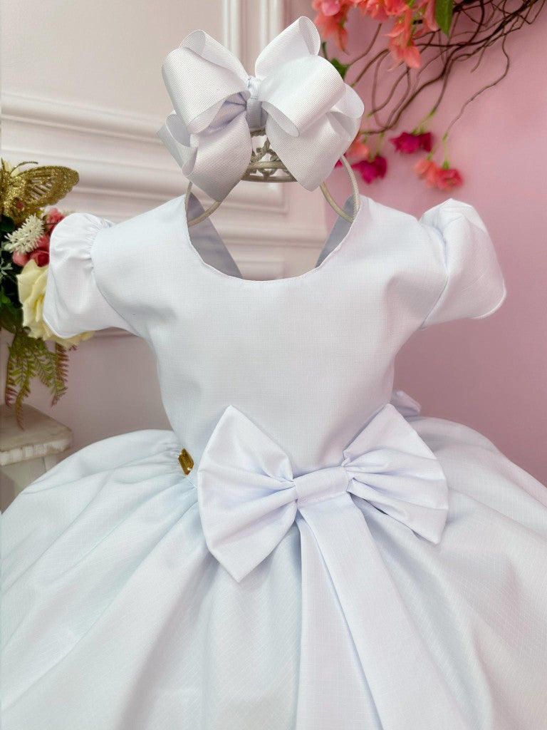 Vestido Infantil Branco em Cetim com Aplique de Laço para Daminhas