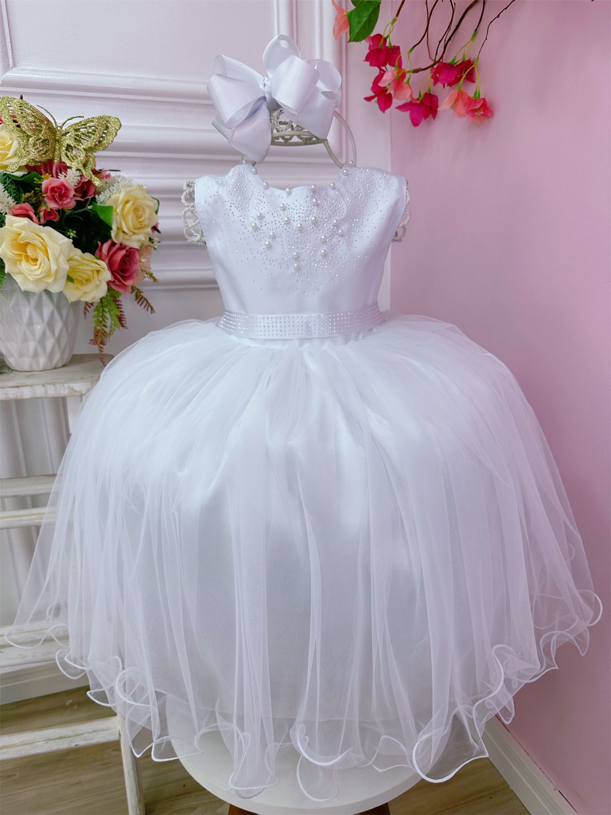 Vestido Infantil Branco com Busto em Strass para Daminhas de Luxo