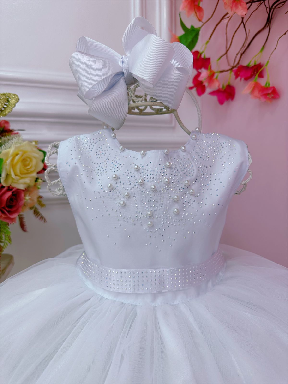 Vestido Infantil Branco com Busto em Strass para Daminhas de Luxo