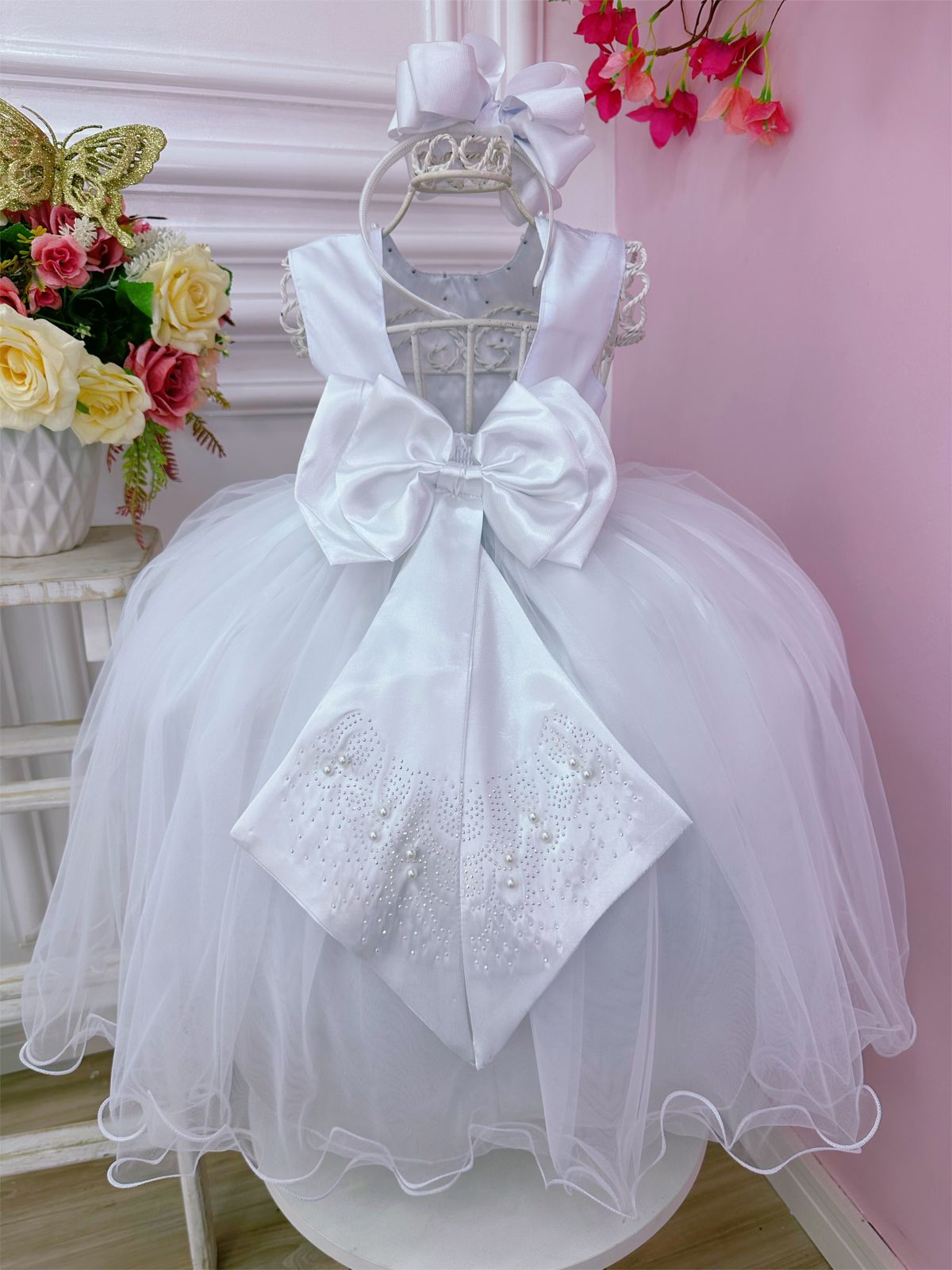 Vestido Infantil Branco com Busto em Strass para Daminhas de Luxo