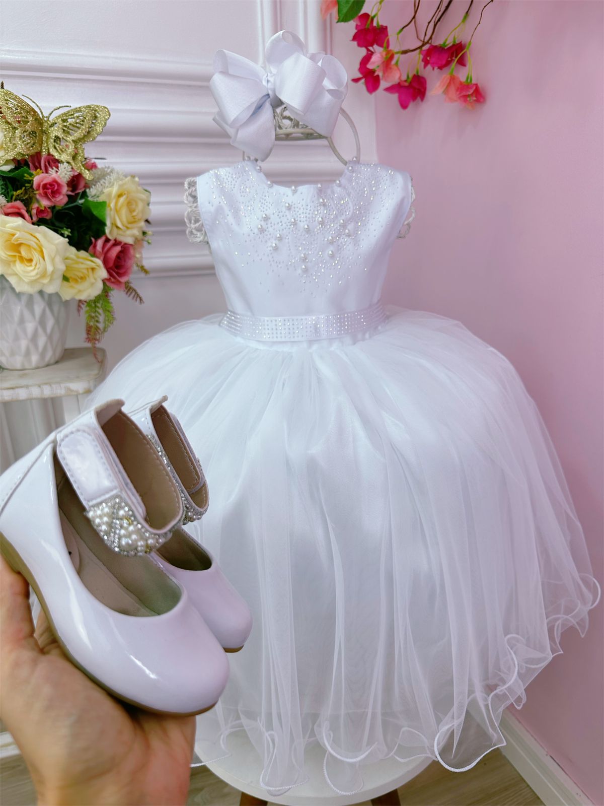 Vestido Infantil Branco com Busto em Strass para Daminhas de Luxo