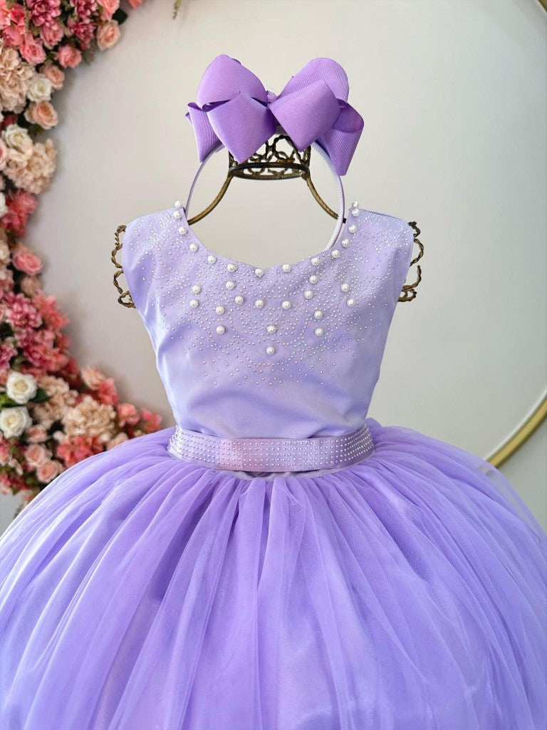 Vestido Infantil Damas de Honra Longo Lilás Pérolas e Strass