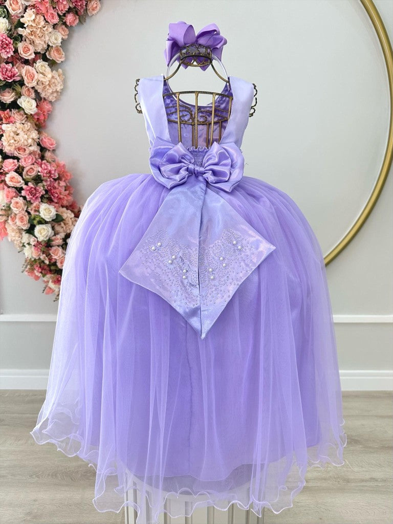 Vestido Infantil Damas de Honra Longo Lilás Pérolas e Strass