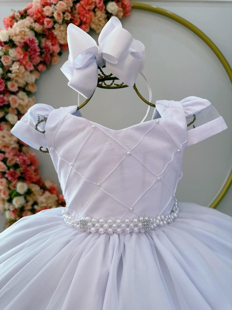 Vestido Infantil Branco C/ Busto Nervura Cinto Pérolas Damas