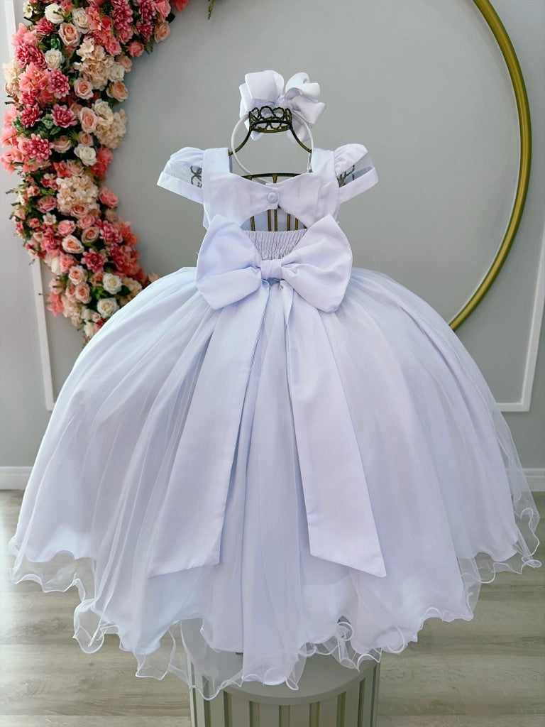 Vestido Infantil Branco C/ Busto Nervura Cinto Pérolas Damas
