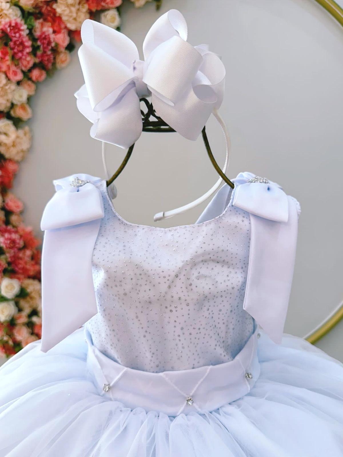 Vestido Infantil Branco C/ Glitter Busto e Aplique de Laços