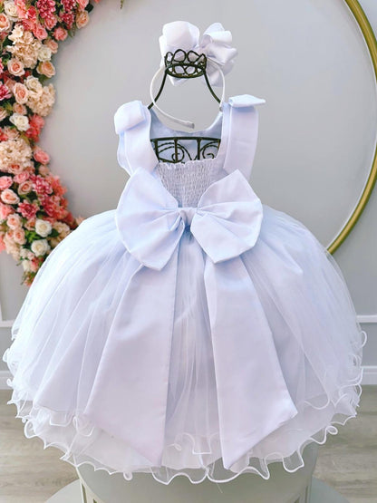 Vestido Infantil Branco C/ Glitter Busto e Aplique de Laços