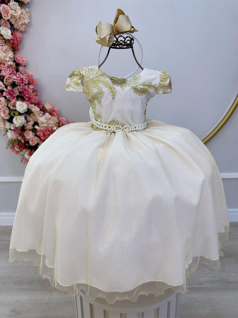 Vestido Infantil Off White em Renda Dourada com Pérolas Saia Rodada