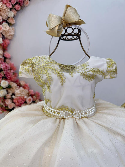 Vestido Infantil Off White em Renda Dourada com Pérolas Saia Rodada