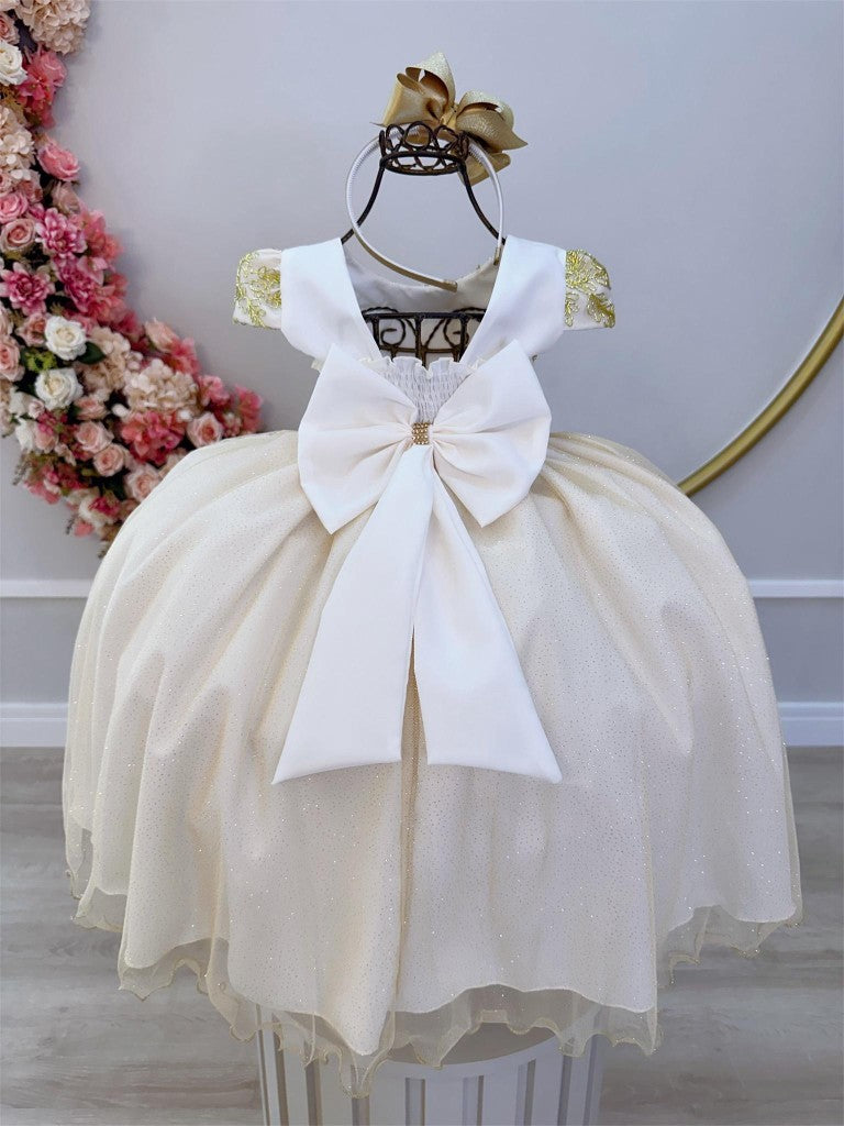 Vestido Infantil Off White em Renda Dourada com Pérolas Saia Rodada