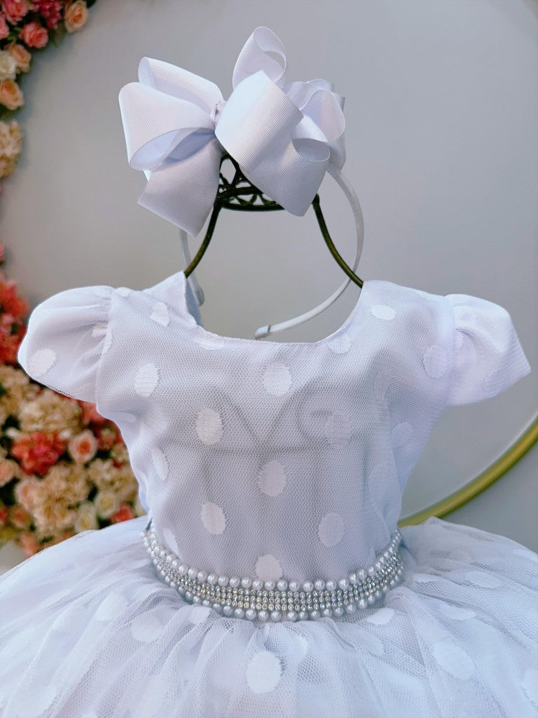 Vestido Infantil Branco em Algodão com Poá e Cinto de Strass para Festa de Aniversário