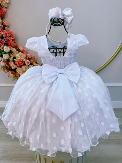 Vestido Infantil Branco em Algodão com Poá e Cinto de Strass para Festa de Aniversário