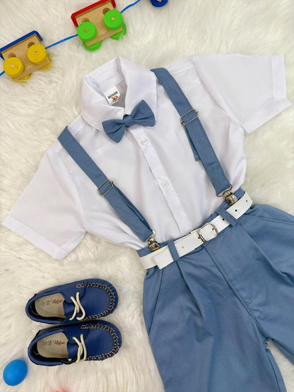 Conjunto Social Camisa Short Gravata e Susp. Azul Petróleo