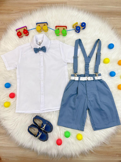 Conjunto Social Camisa Short Gravata e Susp. Azul Petróleo