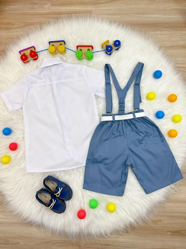 Conjunto Social Camisa Short Gravata e Susp. Azul Petróleo