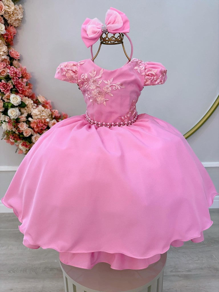 Vestido Infantil Rosa Chiclete em Renda com Pérolas e Tiara para Daminhas