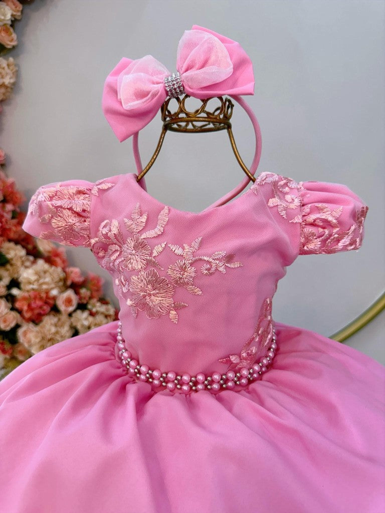 Vestido Infantil Rosa Chiclete em Renda com Pérolas e Tiara para Daminhas