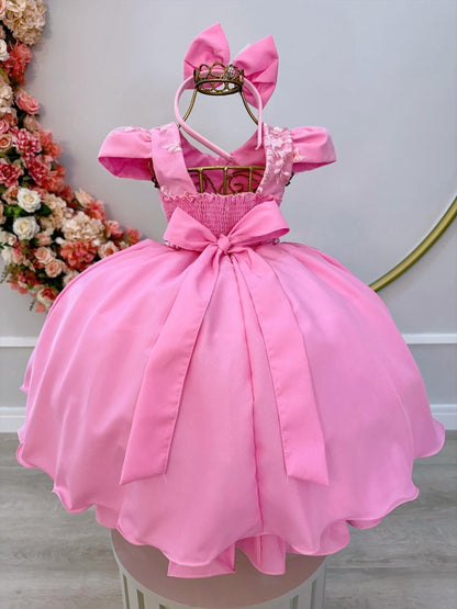 Vestido Infantil Rosa Chiclete em Renda com Pérolas e Tiara para Daminhas