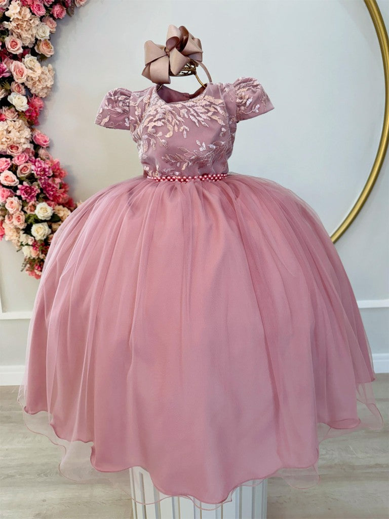 Vestido Infantil Rosa em Tule com Renda e Pérolas com Laço para Daminhas